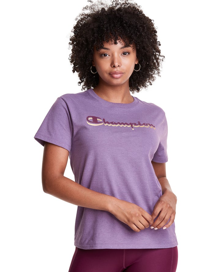 Champion Dame T-Shirts Lilla - Classic Drop Shadow Foil Script Logo - Danmark ZWO-349751